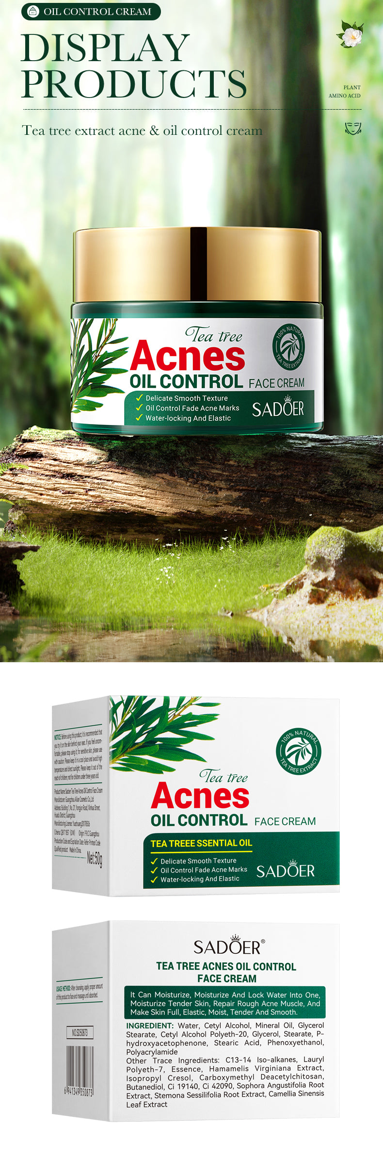 100% Organic Tea Tree Oil Acne Control Face Cream for Smooth Skin Care