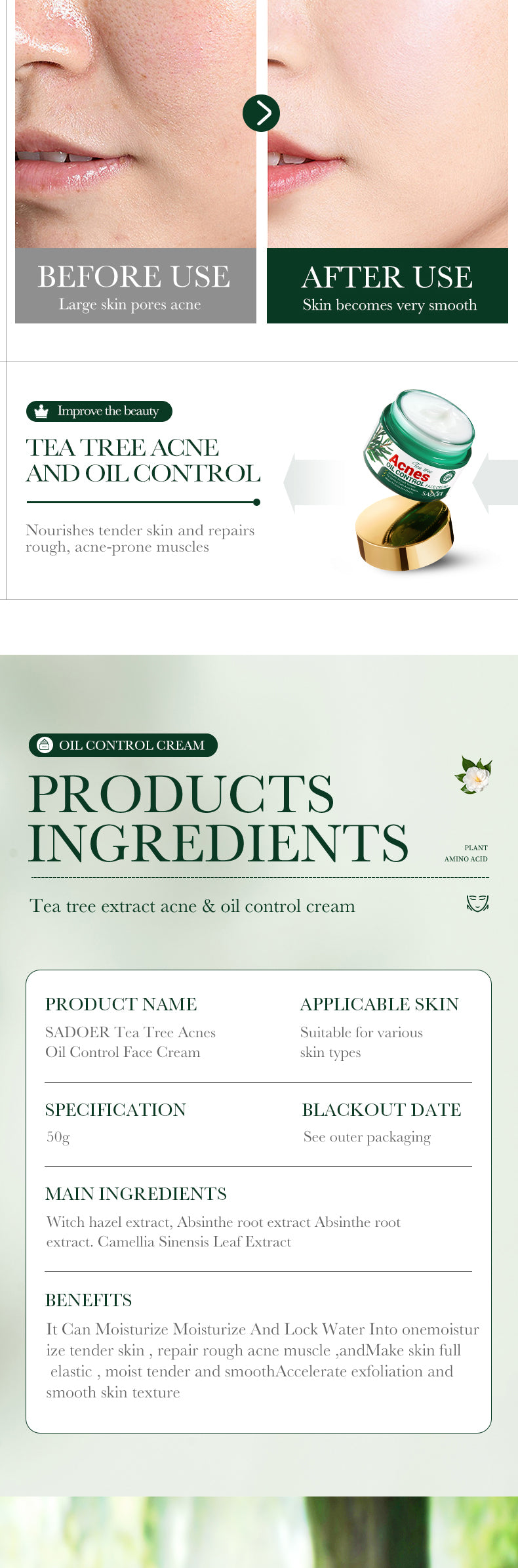 100% Organic Tea Tree Oil Acne Control Face Cream for Smooth Skin Care