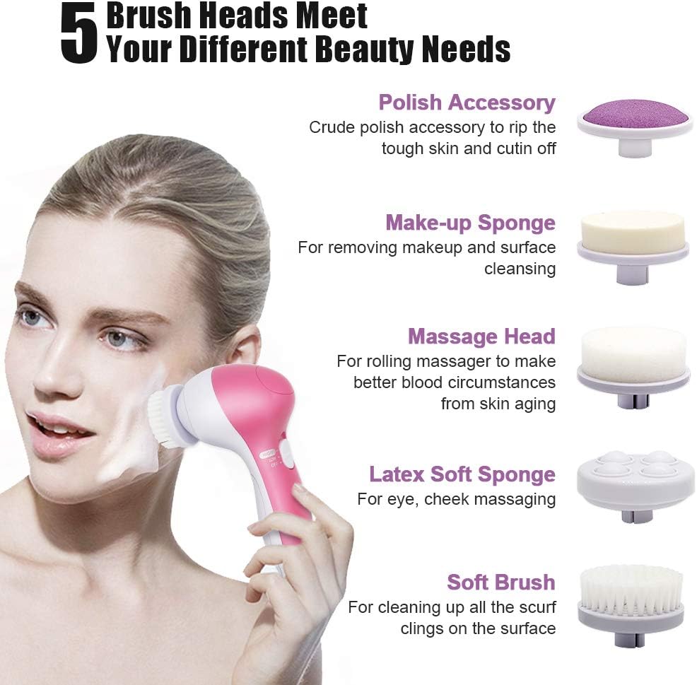 5 in 1 Portable Facial Pore Cleaner with 5 Brush Heads for Acne, Facial Cleansing Brush, Electric Face Massager,for Gentle Exfoliating, Removing Blackhead