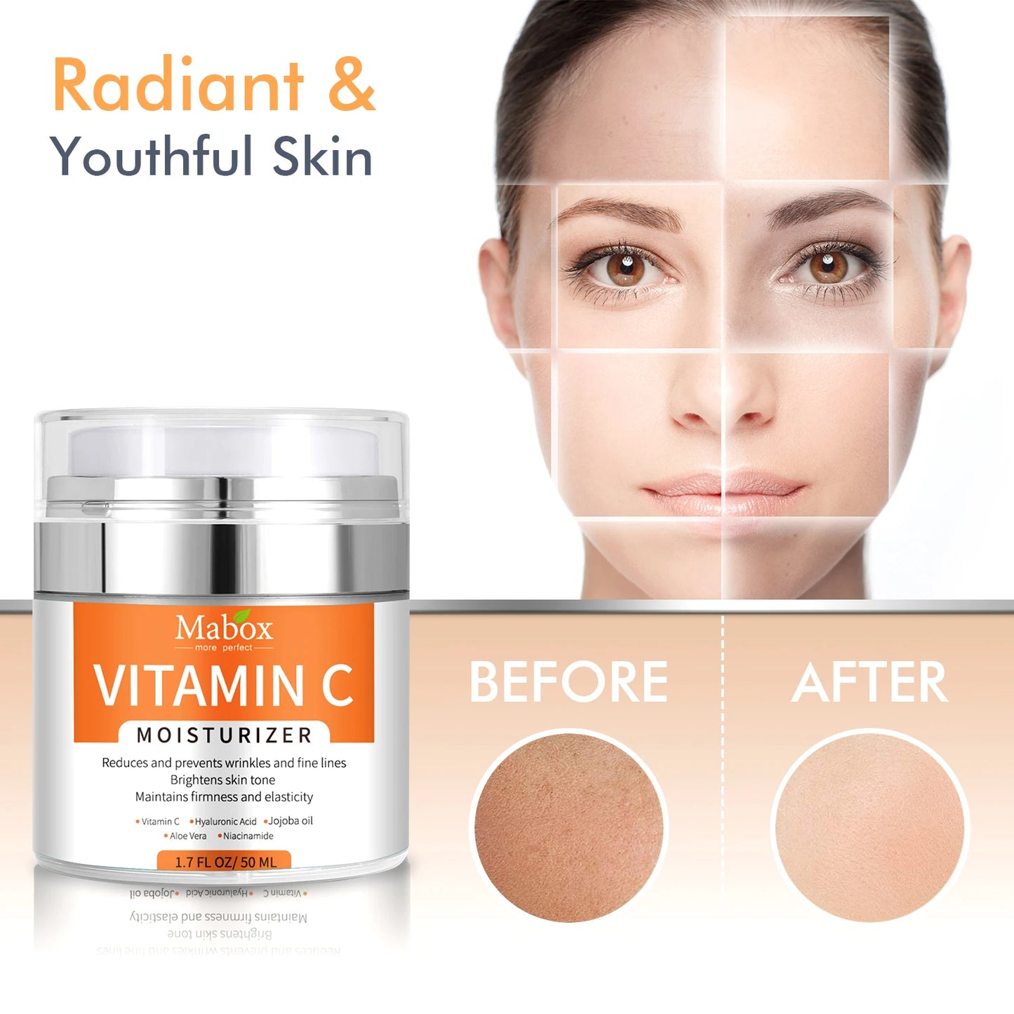 Mabox Vitamin C Skin Care Moisturizer Cream for Face and Body with Vit E, Hyaluronic Acid, Niacinamide and Jojoba Oil for Age Spots and Uneven Skin Tone, Dark Spot Remover, Anti-Aging