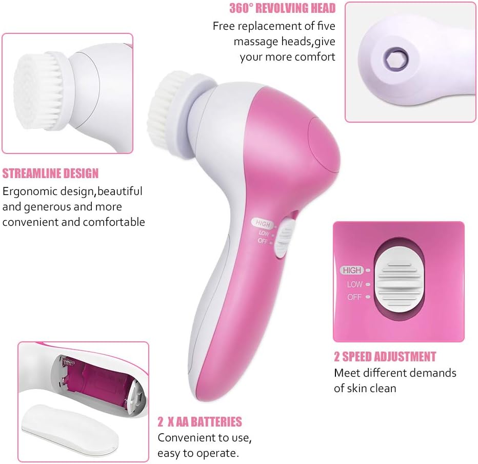 5 in 1 Portable Facial Pore Cleaner with 5 Brush Heads for Acne, Facial Cleansing Brush, Electric Face Massager,for Gentle Exfoliating, Removing Blackhead