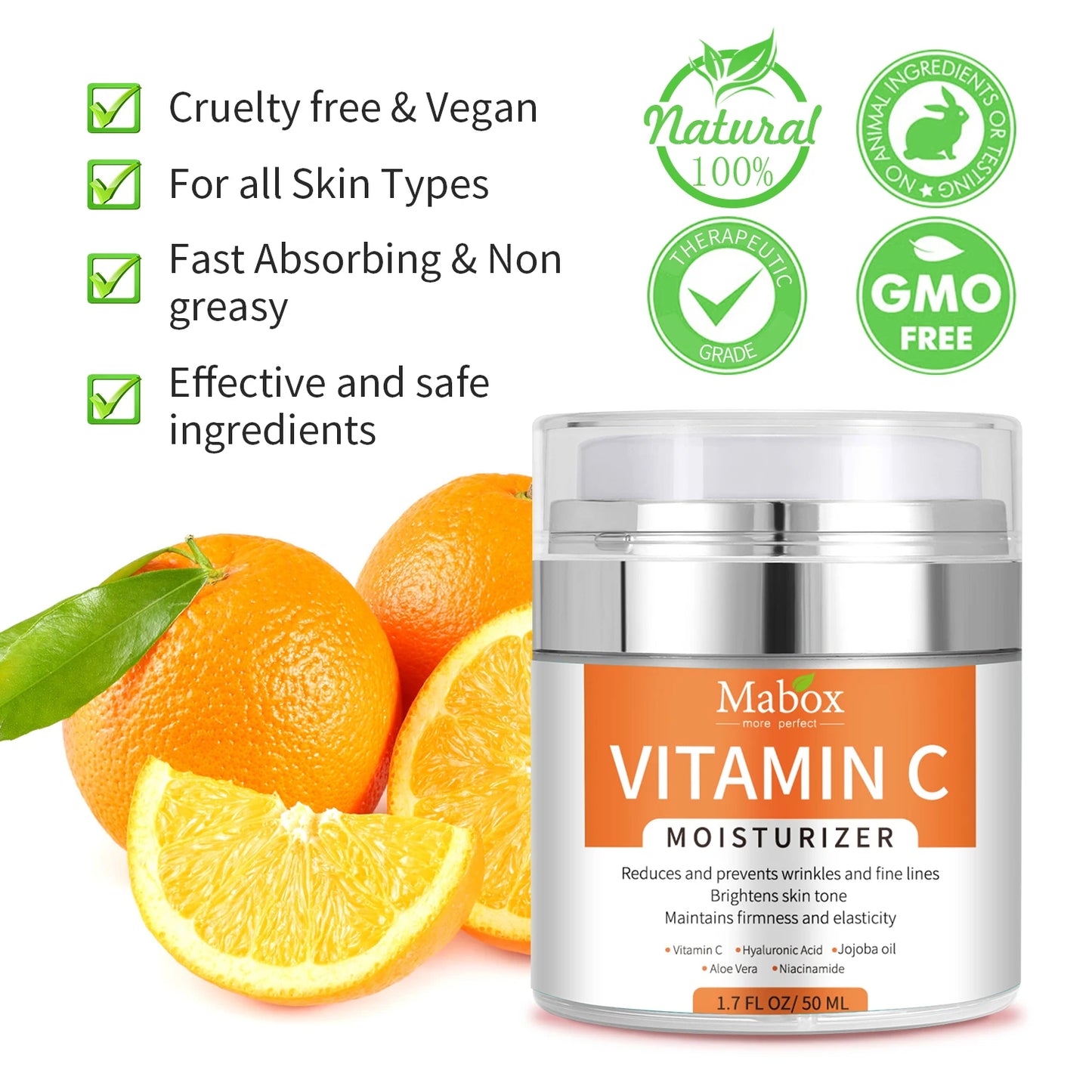 Mabox Vitamin C Skin Care Moisturizer Cream for Face and Body with Vit E, Hyaluronic Acid, Niacinamide and Jojoba Oil for Age Spots and Uneven Skin Tone, Dark Spot Remover, Anti-Aging