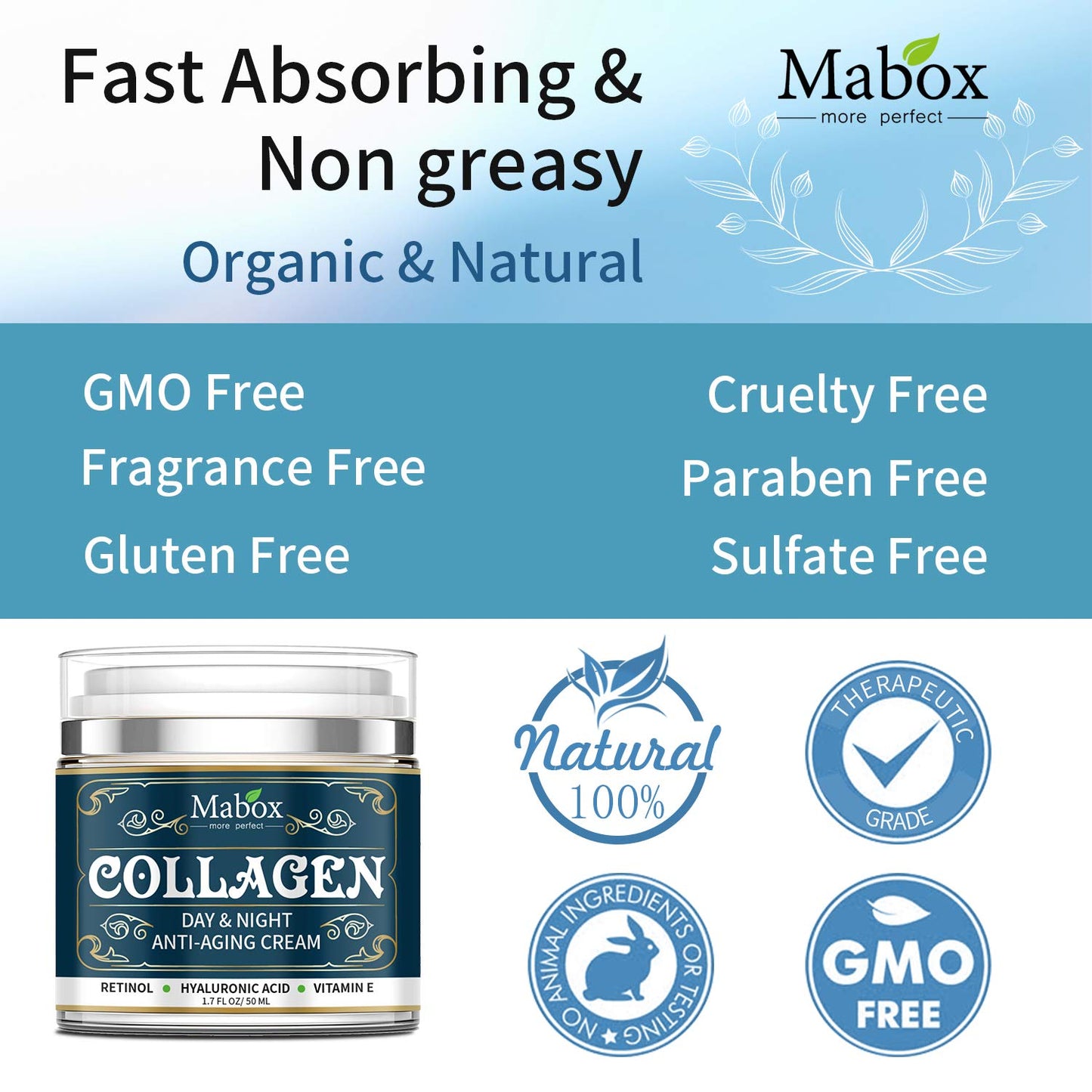 Mabox Collagen Cream - Anti Aging Face Moisturizer - Skin Care Cream for Face and Body with Retinol,Hyaluronic Acid, Coconut Oil and Jojoba Oil - Best Day and Night Cream(1.7 Fl. Oz)