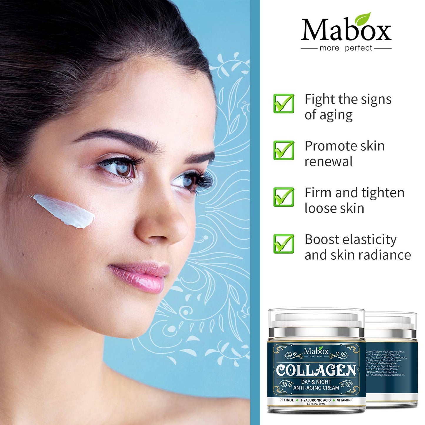 Mabox Collagen Cream - Anti Aging Face Moisturizer - Skin Care Cream for Face and Body with Retinol,Hyaluronic Acid, Coconut Oil and Jojoba Oil - Best Day and Night Cream(1.7 Fl. Oz)