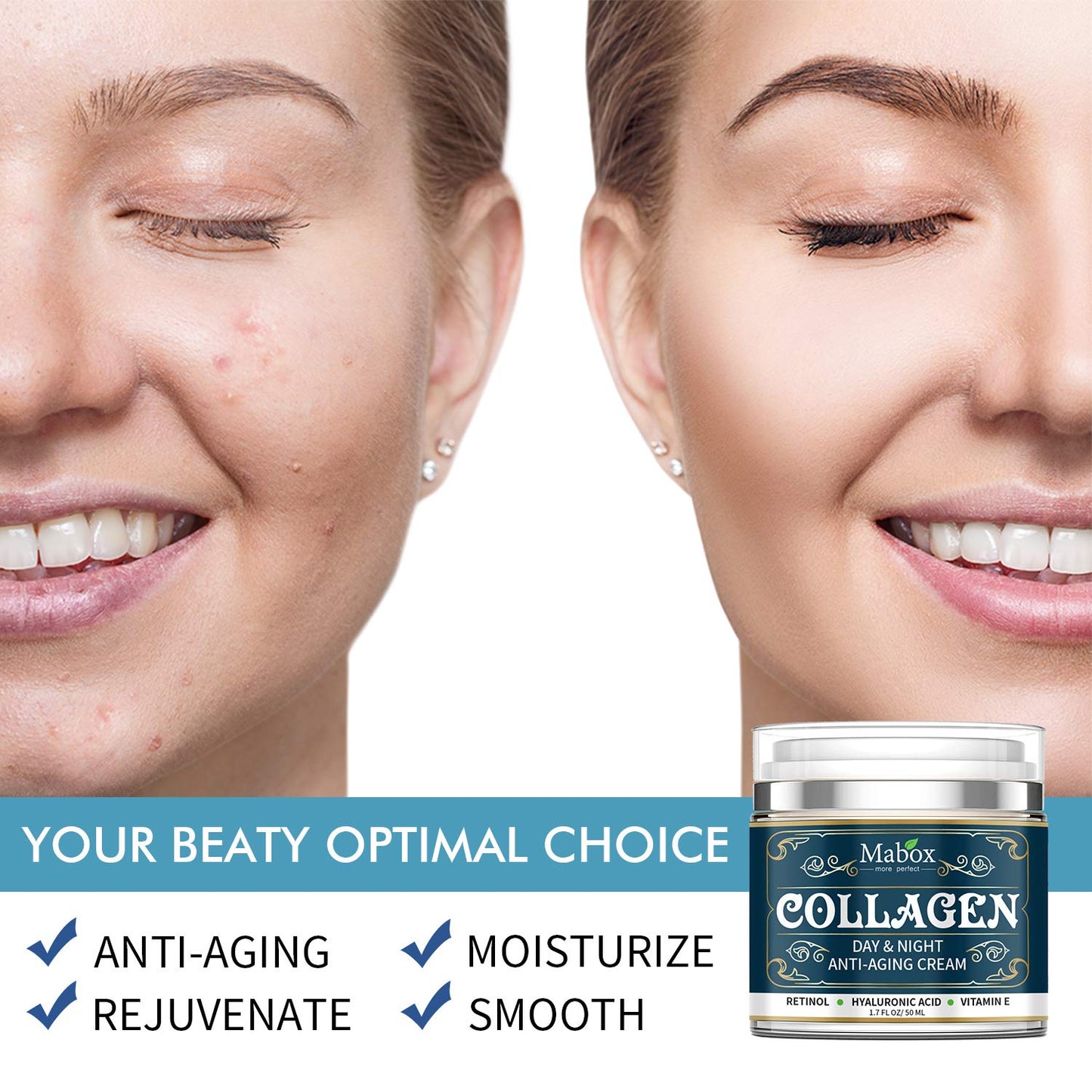Mabox Collagen Cream - Anti Aging Face Moisturizer - Skin Care Cream for Face and Body with Retinol,Hyaluronic Acid, Coconut Oil and Jojoba Oil - Best Day and Night Cream(1.7 Fl. Oz)