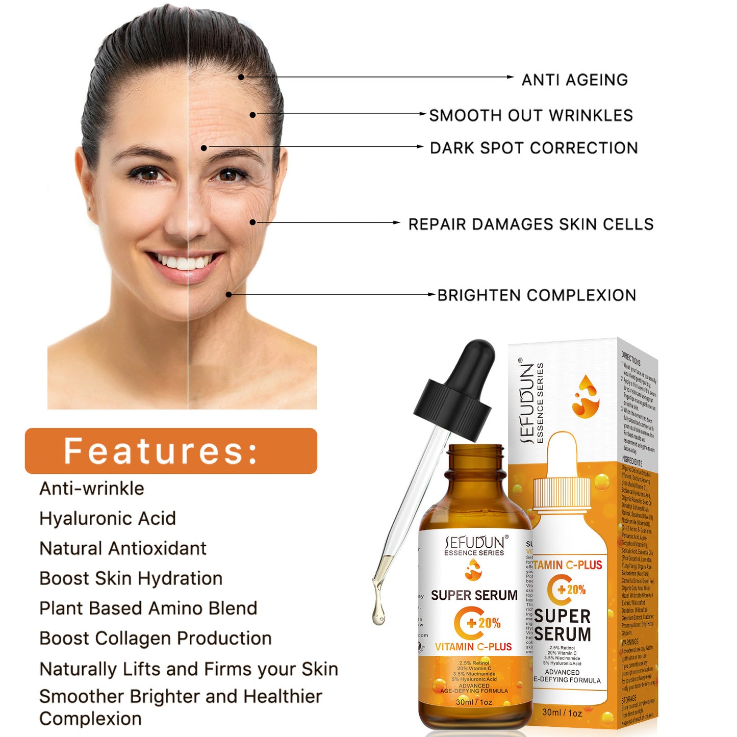 Super Vitamin C Face Serum with Niacinamide, Hyaluronic Acid, Anti Aging Serum