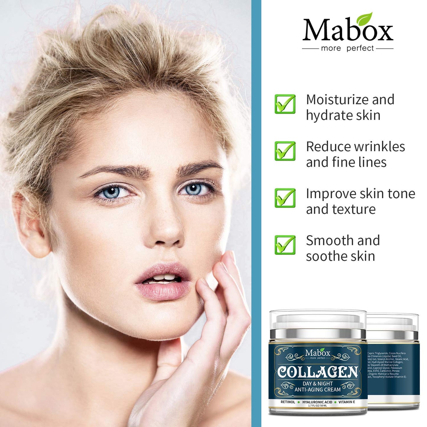 Mabox Collagen Cream - Anti Aging Face Moisturizer - Skin Care Cream for Face and Body with Retinol,Hyaluronic Acid, Coconut Oil and Jojoba Oil - Best Day and Night Cream(1.7 Fl. Oz)