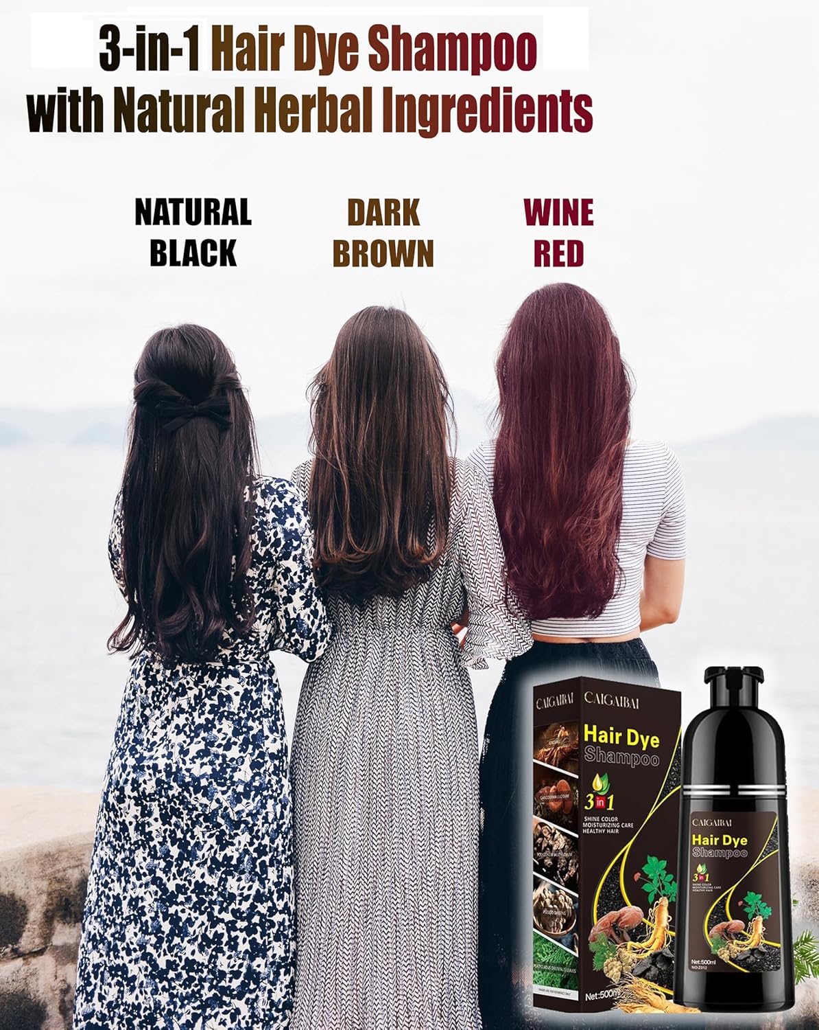 3-in-1 Black Hair Dye Shampoo for Gray Coverage – Natural Herbal Hair Color Shampoo for Men & Women 500ML