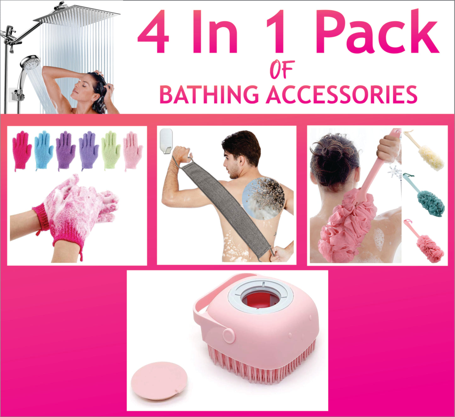 4 in 1 Bathing Accessories, Bathing Gloves, Back Scrubber, Silicone Body Scrubber