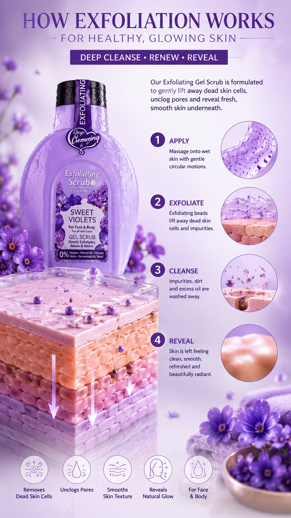 💜 Exfoliating Gel Scrub – Sweet Violets, Buff Away Dead Skin. Reveal Your Natural Glow