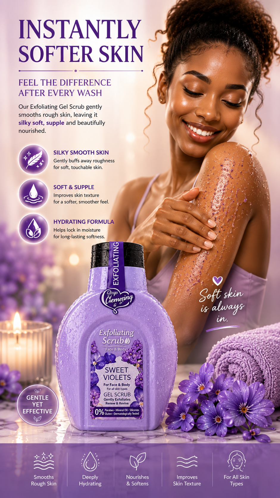 💜 Exfoliating Gel Scrub – Sweet Violets, Buff Away Dead Skin. Reveal Your Natural Glow