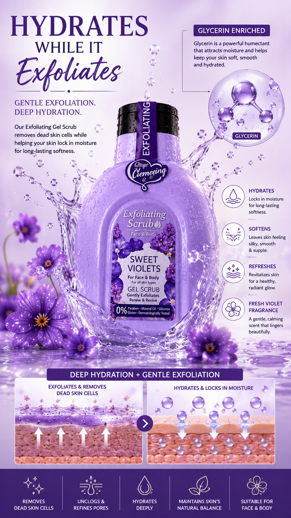 💜 Exfoliating Gel Scrub – Sweet Violets, Buff Away Dead Skin. Reveal Your Natural Glow