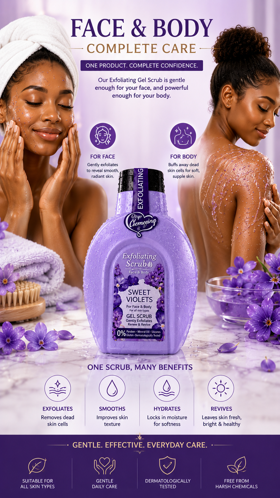 💜 Exfoliating Gel Scrub – Sweet Violets, Buff Away Dead Skin. Reveal Your Natural Glow
