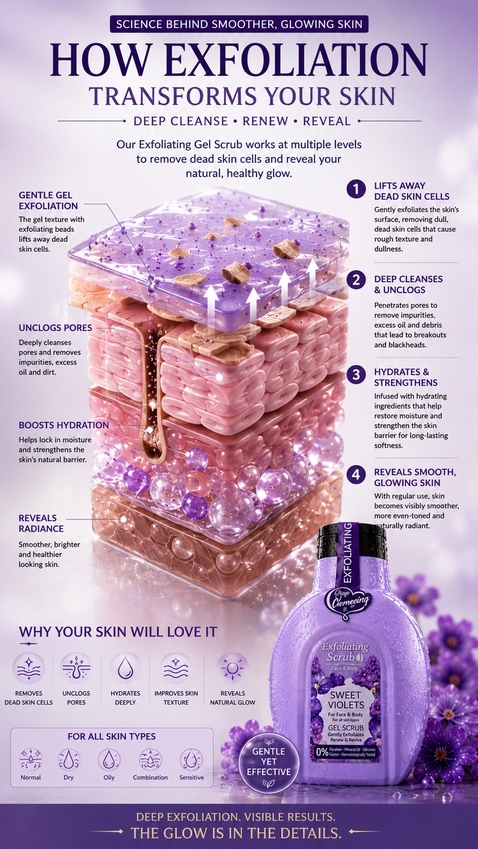 💜 Exfoliating Gel Scrub – Sweet Violets, Buff Away Dead Skin. Reveal Your Natural Glow