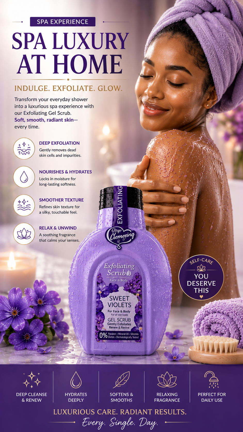💜 Exfoliating Gel Scrub – Sweet Violets, Buff Away Dead Skin. Reveal Your Natural Glow