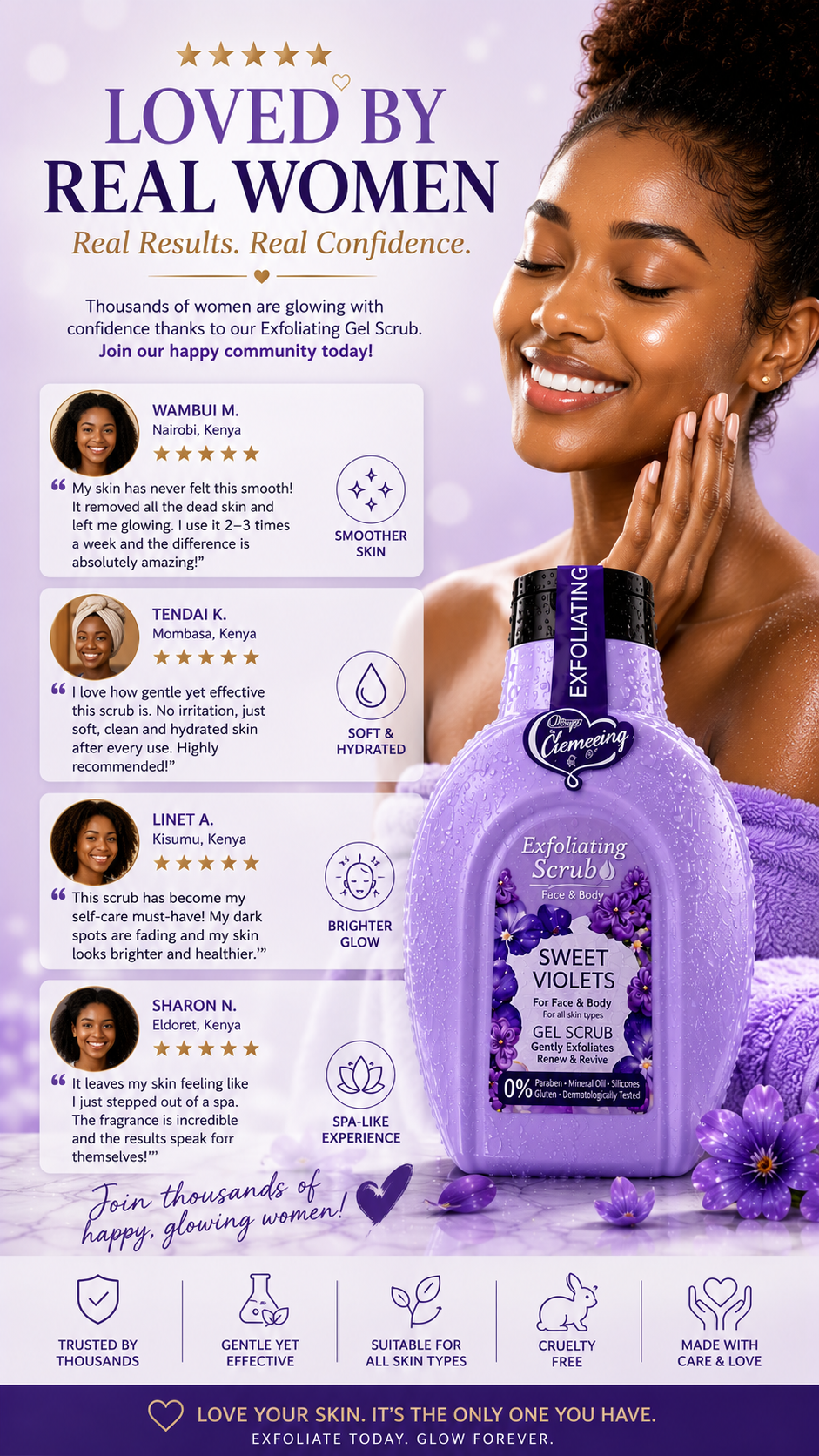💜 Exfoliating Gel Scrub – Sweet Violets, Buff Away Dead Skin. Reveal Your Natural Glow