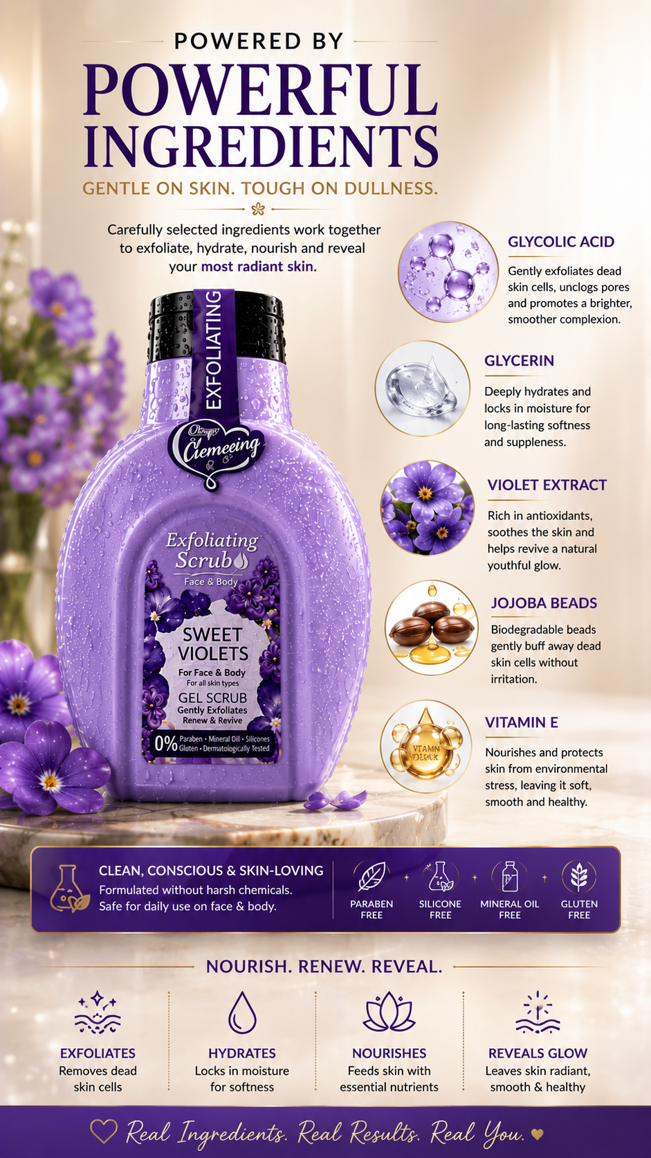 💜 Exfoliating Gel Scrub – Sweet Violets, Buff Away Dead Skin. Reveal Your Natural Glow