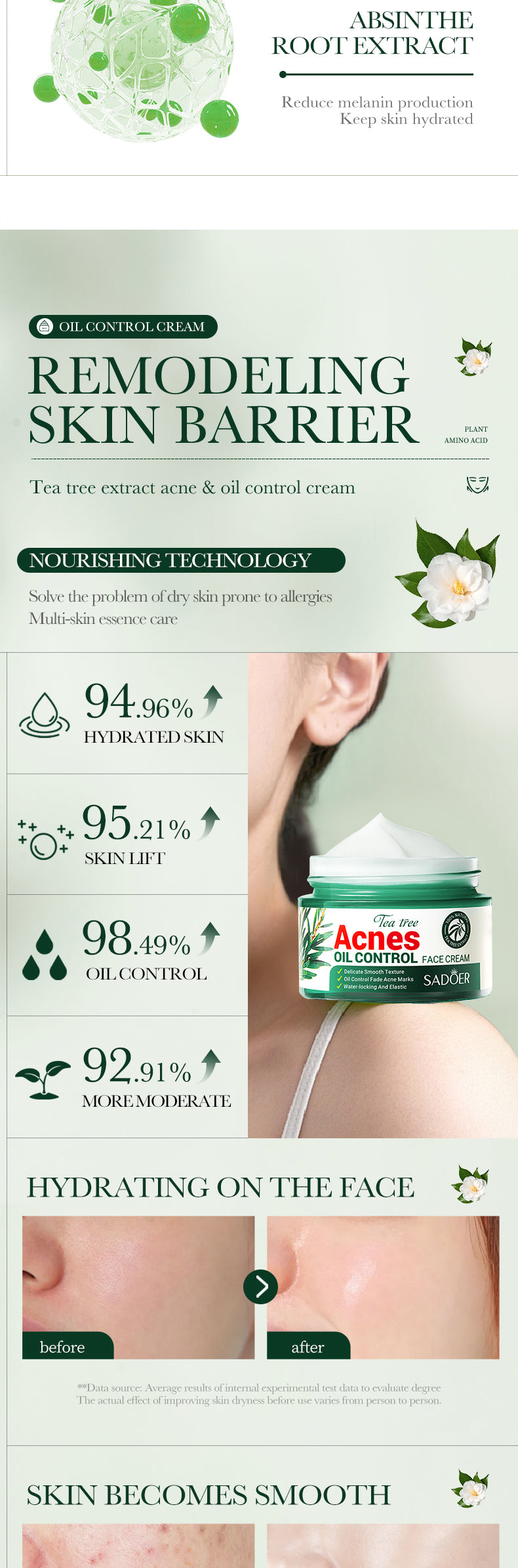 100% Organic Tea Tree Oil Acne Control Face Cream for Smooth Skin Care