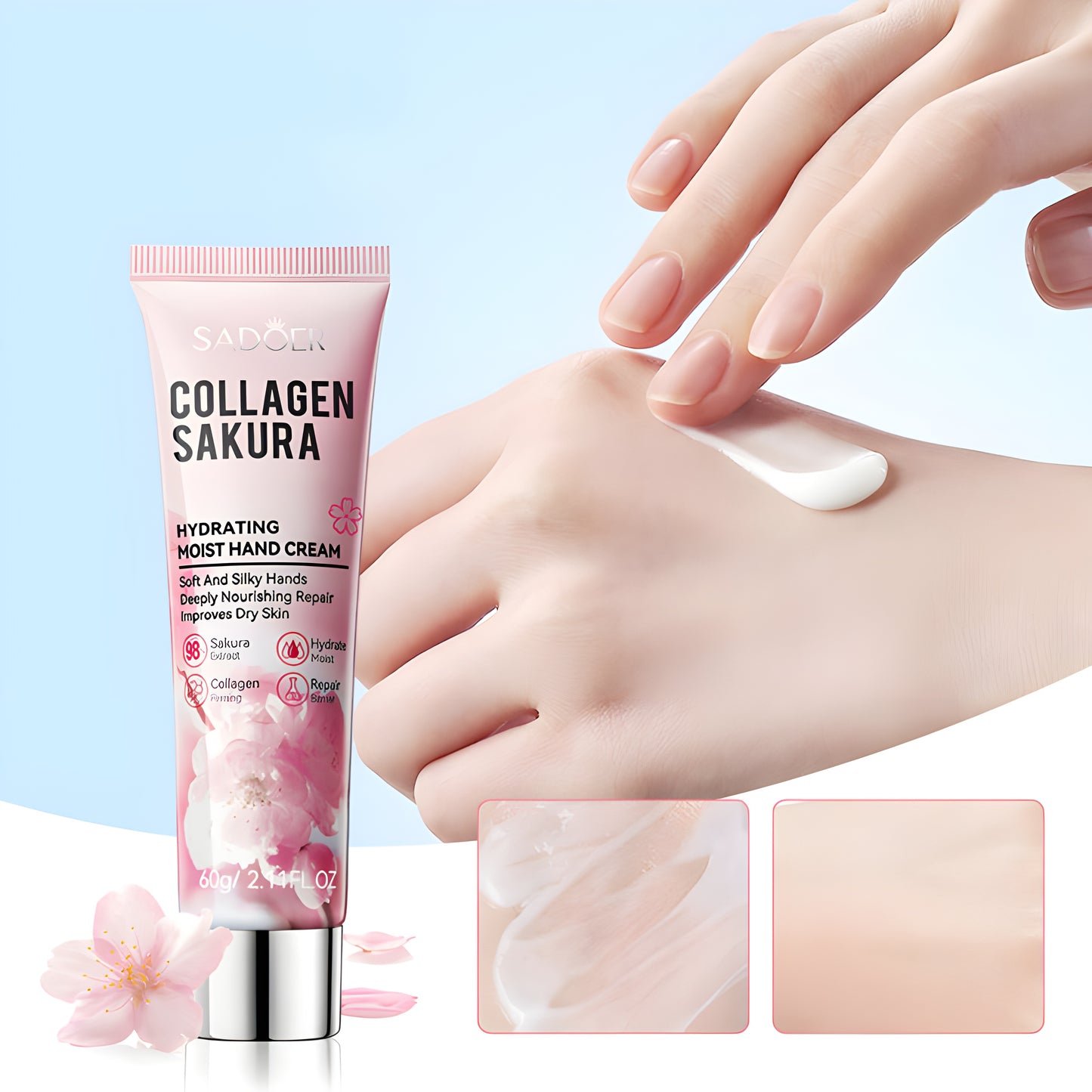 Hydrating Sakura Collagen Hand Cream for Soft-Youthful Skin, Deeply Nourishing And Moisturizing, Cherry Blossom Extract
